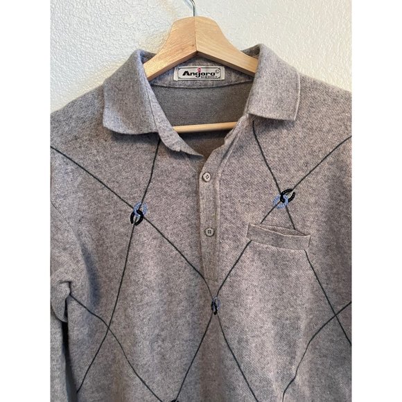 Angora Gray Sweater Long Sleeve Pullover Men's Size Medium Collared Argyle Patte - Picture 2 of 5